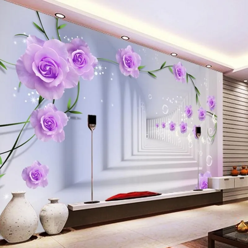 Beibehang Customize any sizewallpaper 3D living room bedroom backdrop abstract perspective background wallpaper purple flowers |