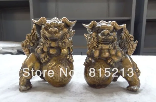 

wang 000256 China Bronze Trigram PiXiu Chinese FengShui Foo Fu Dog Lion Ball Statue Pair
