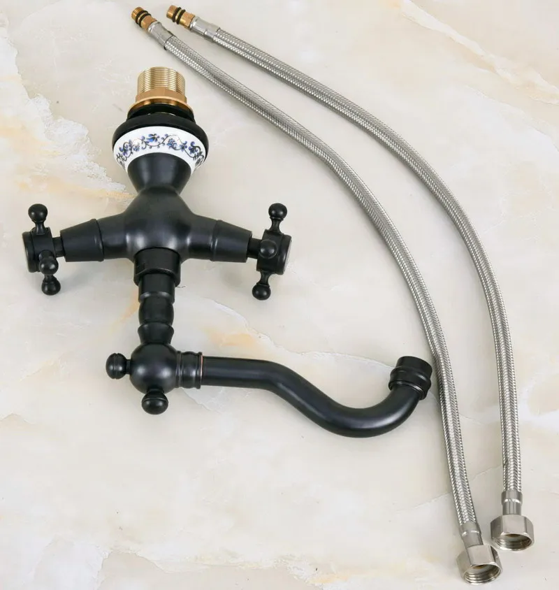 Oil Rubbed Bronze Dual Cross Handles Ceramic Base Bathroom Kitchen Basin Sink Faucet Mixer Tap Swivel Spout Deck Mounted mnf645 |