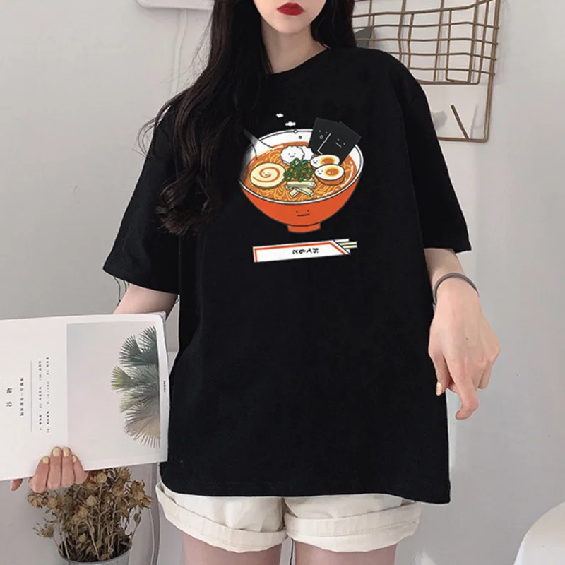 Японский стиль лето женская брендовая одежда комический мультфильм Kawaii Ramen печатная Футболка Высокая уличная мода Повседневная футболка Топы - Цвет: black