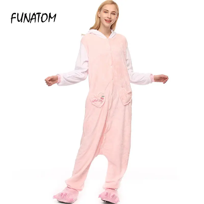 Розовый KT Cat Kigurumi Onesie взрослых для женщин животных пижамы девочек Теплые мягкие