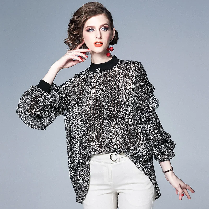 S-XXL spring summer woman blouse shirt beading collar brooch white flower pattern print black loose plus size |