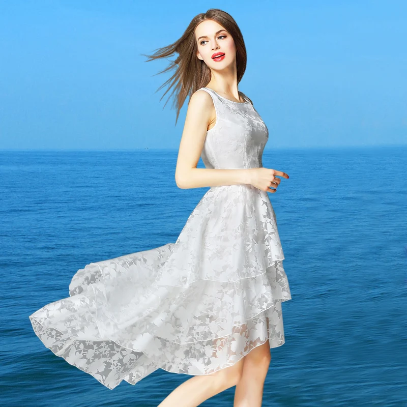 Белое Кружевное летнее платье из органзы с цветочным принтом 2017 Vestidos de Verano