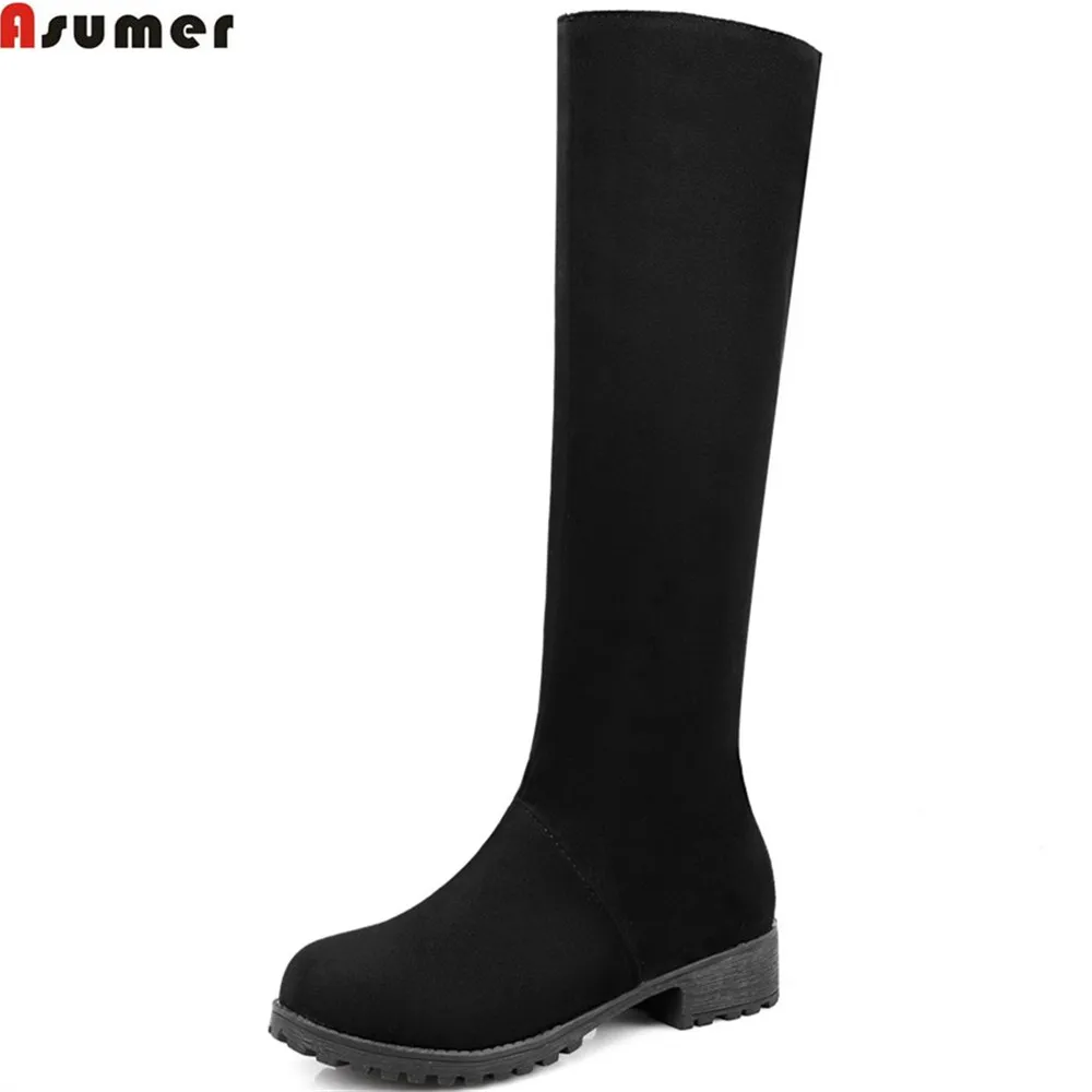 Женские сапоги до колена на молнии с круглым носком квадратном каблуке|knee high