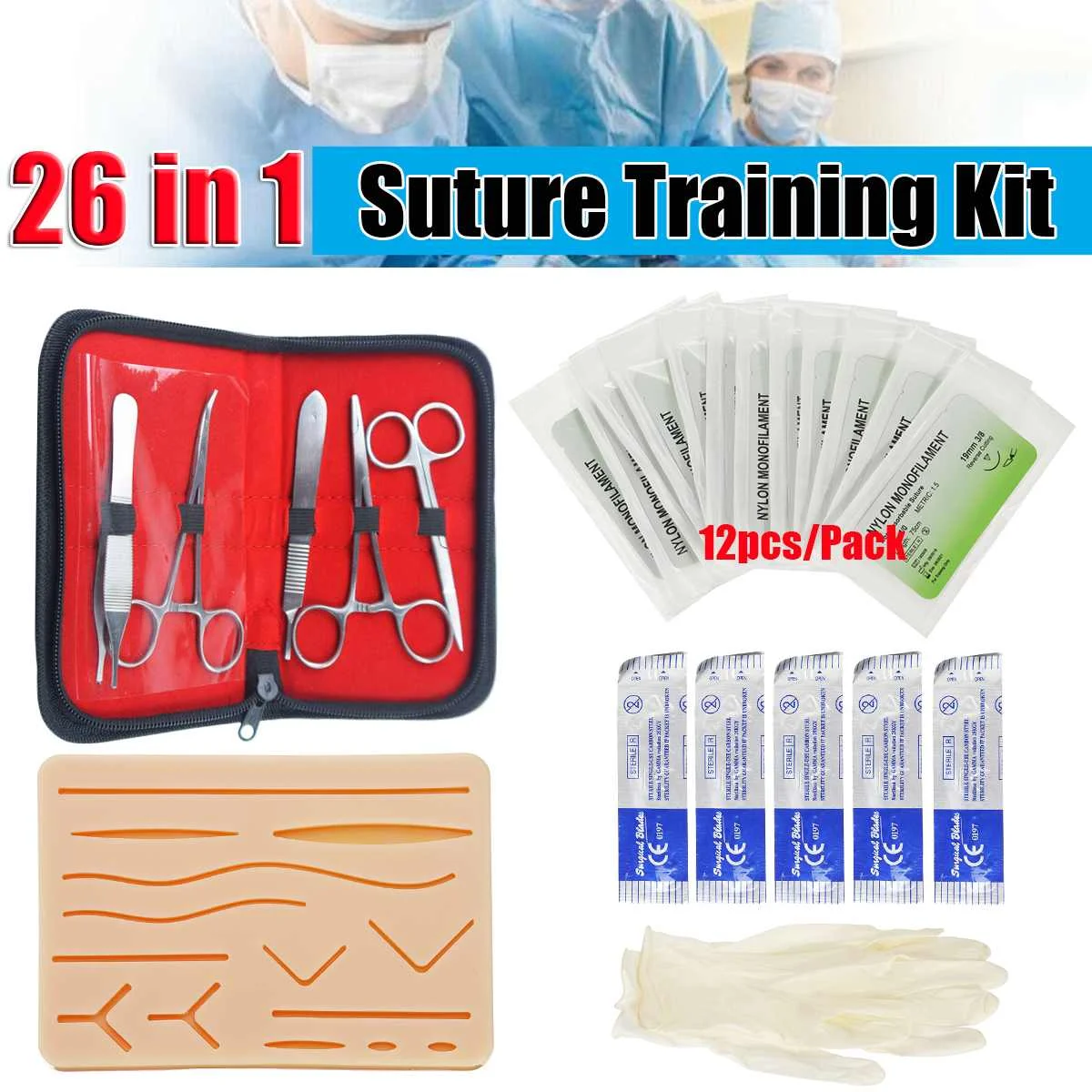 

KICUTE 26 In 1 Medical Skin Suture Surgical Training Kit Silicone Pad Needle Scissors Soft Teaching Resource