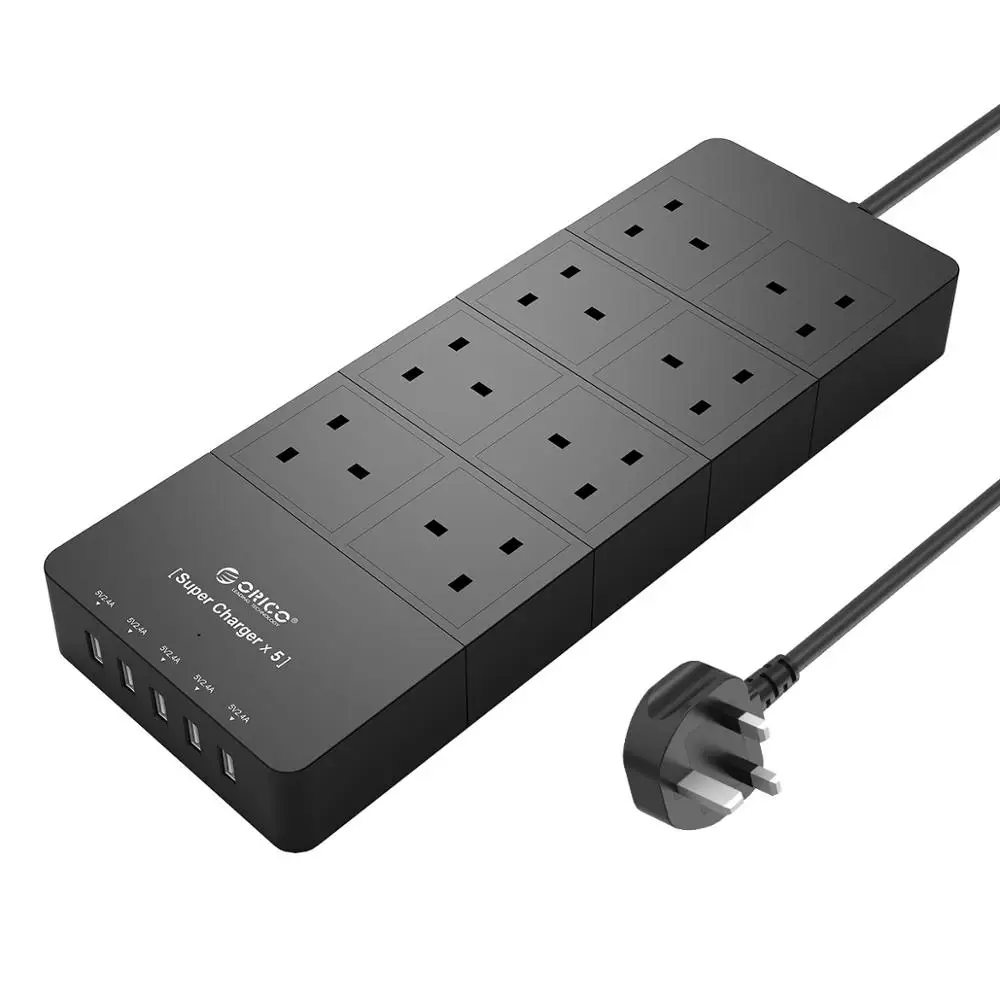 8 Ports AC Black ORICO HPC-4A5U-UK-WH, для дома, офиса, Великобритания, вилка, USB, зарядное устройство, адаптер с 6 розетками, сетевой фильтр, 5 футов, шнур питания - Тип штекера: 8 Ports AC Black