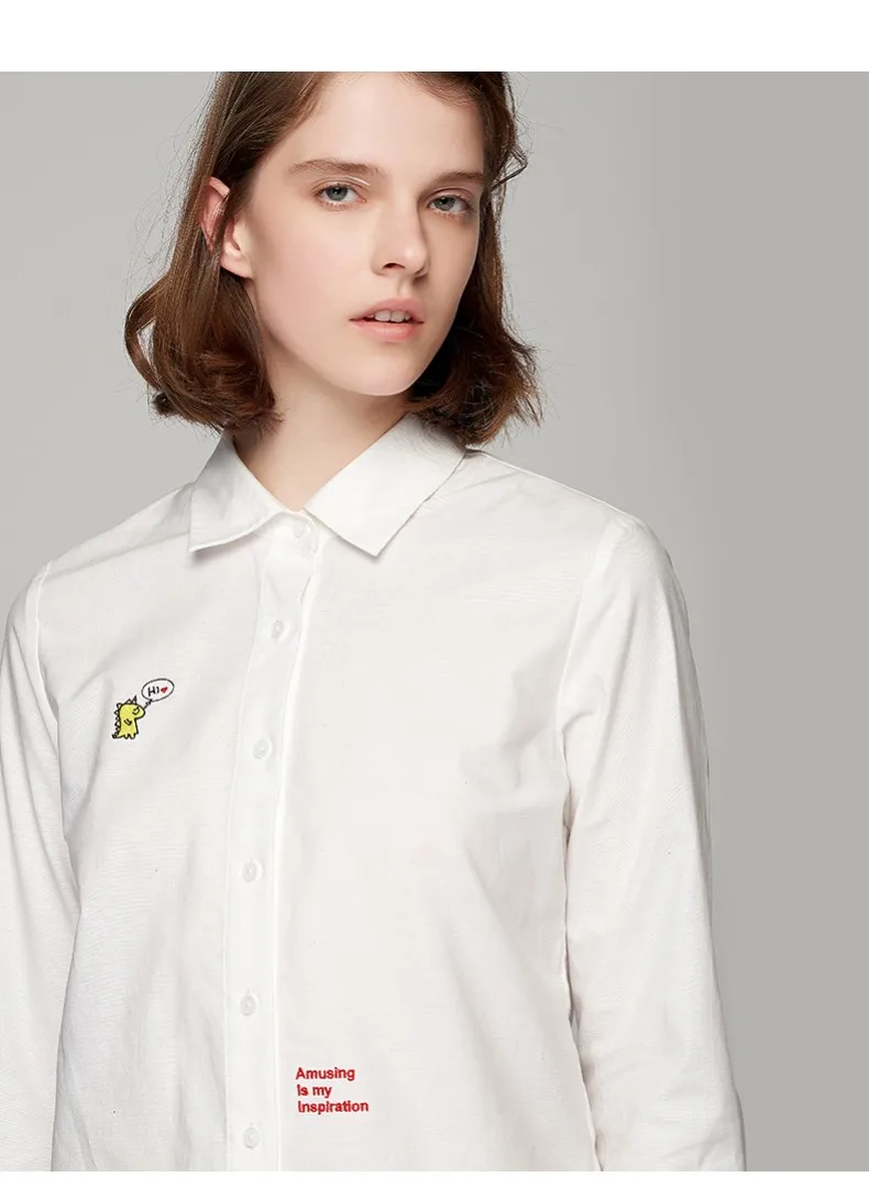 Toyouth New White Women Autumn Blouses Funny CartoonTurn Down Collar Tops for Female Embroidery Camisa Feminina Blusas