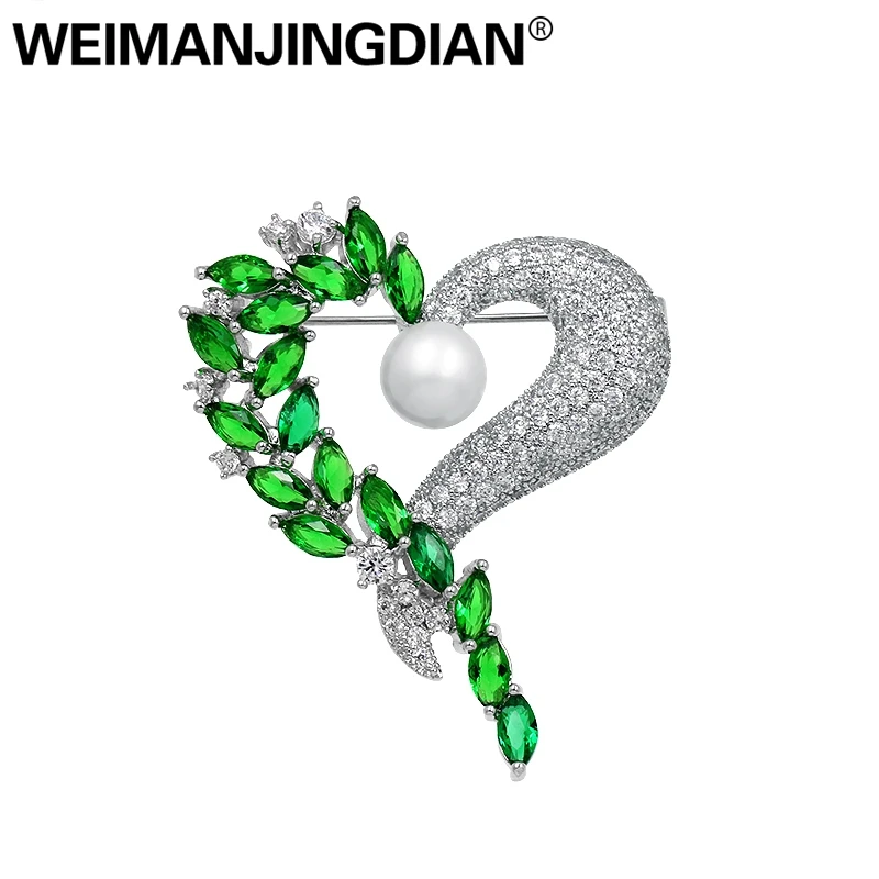 green Бренд WEIMANJINGDIAN, роскошный кубический цирконий, CZ Кристалл, проложенный зеленым сердцем, брошь на булавке для женщин или свадьбы в золотых/серебряных цветах - Окраска металла: green