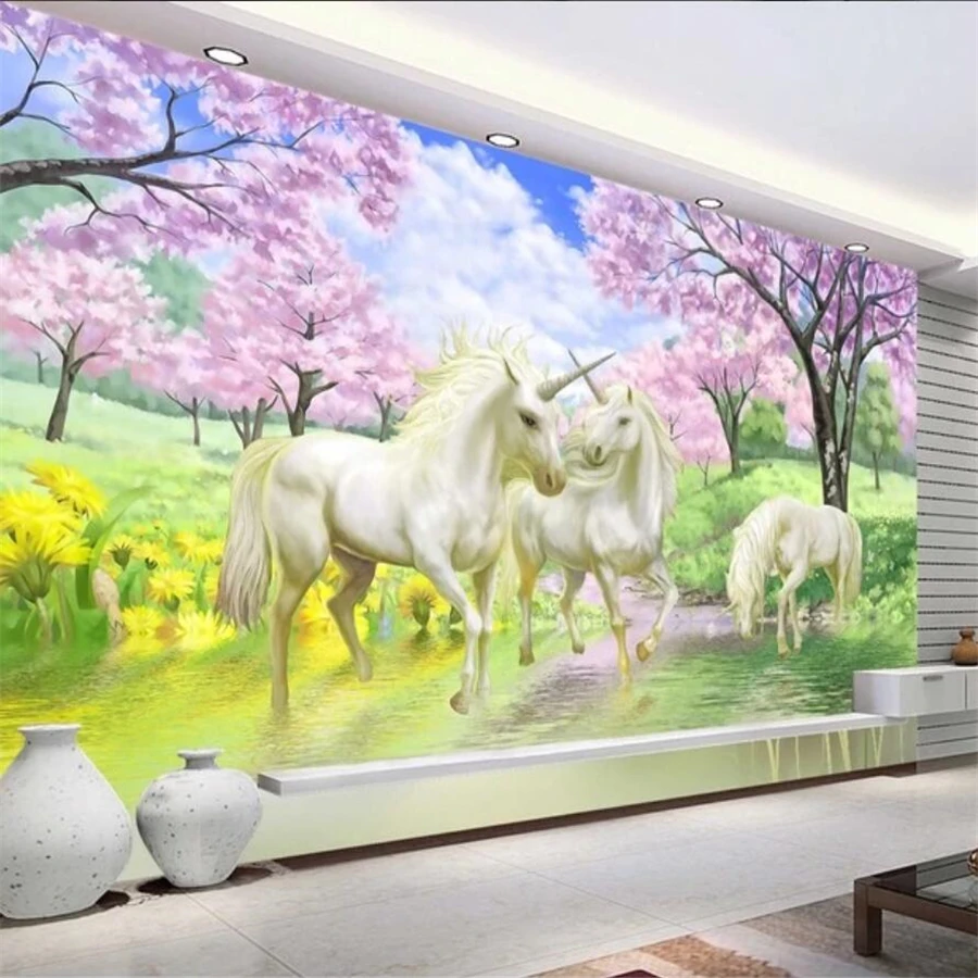 

Custom wallpaper 3D mural fantasy cherry blossom unicorn TV background wall papers home decor papel de parede mural 3d wallpaper