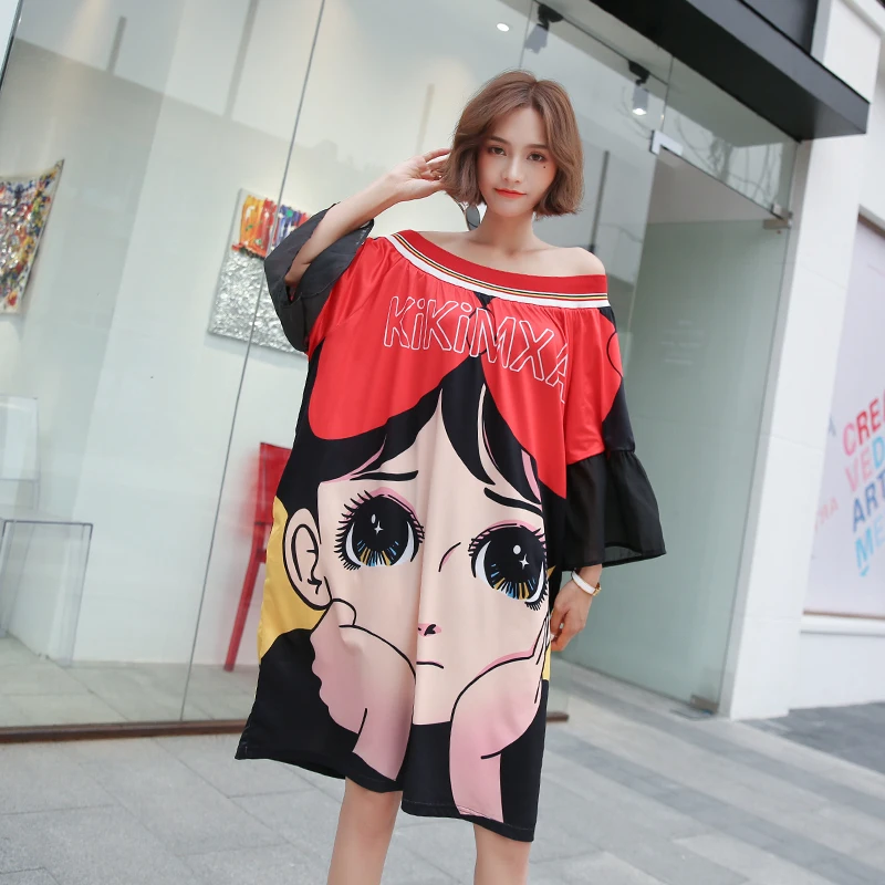 Summer short-sleeved dress female 2019 large size women's trend print off-shoulder loose casual T-shirt 5 points sleeve skirt | Женская