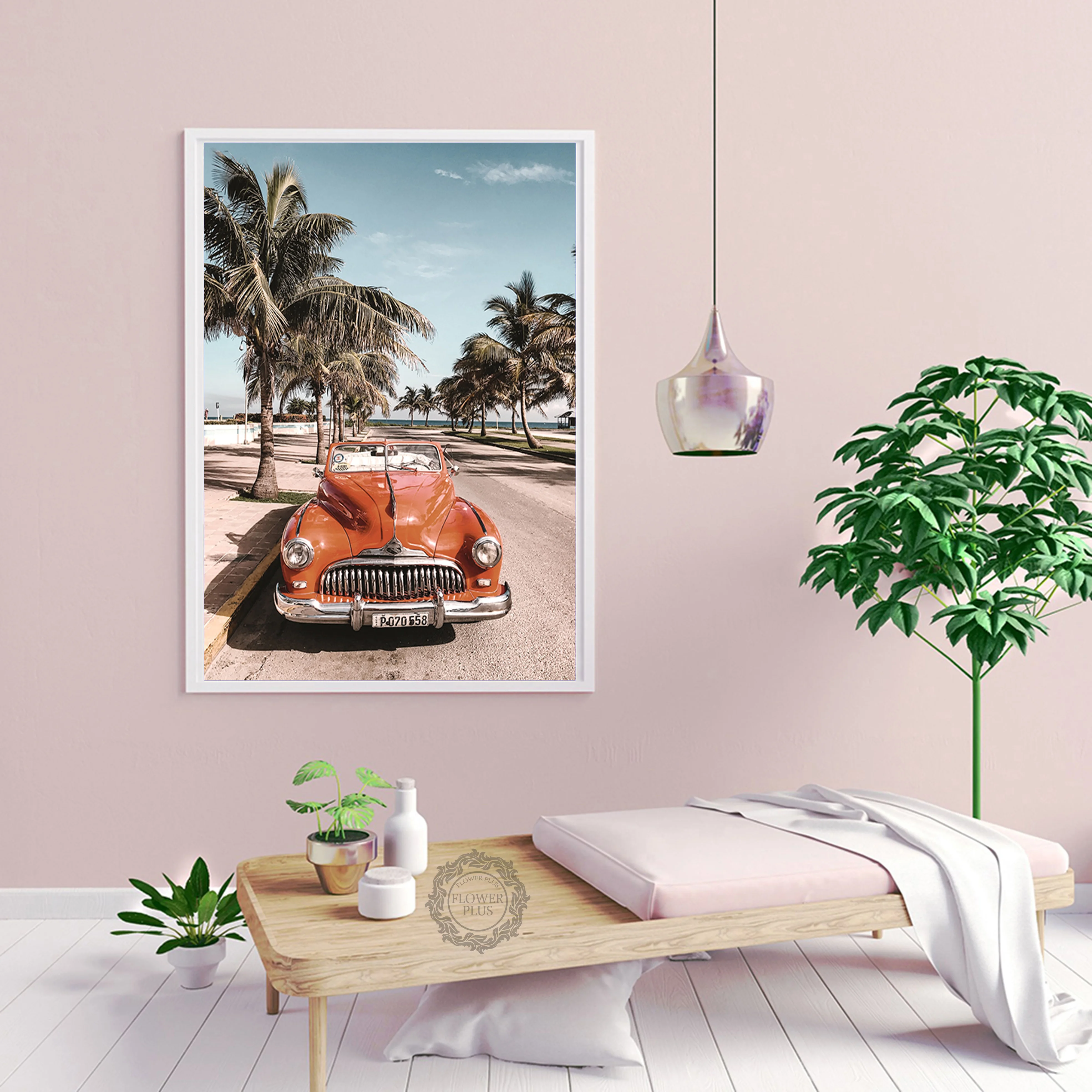 

Pink City Bus Poster Art Canvas Painting Palm Posters and Prints Landscape Wall Picture for Living Room Nordic Decor for Home