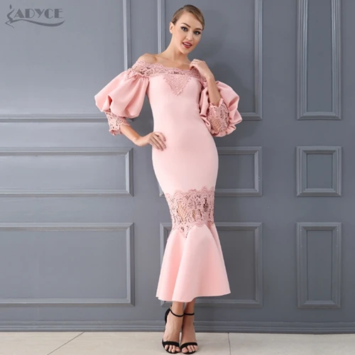 Pink Adyce вечернее платье в стиле знаменитостей, женское платье, новинка, летнее сексуальное кружевное Клубное платье с открытыми плечами и расклешенными рукавами - Цвет: Pink