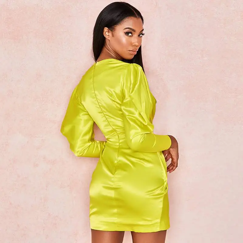 Глубокий v образный вырез с рюшами неоновое зеленое платье для женщин фонарь