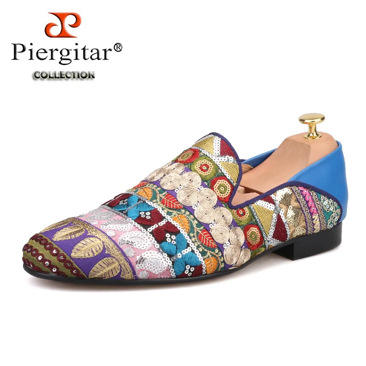 PIERGITAR/роскошные мужские лоферы, расшитые блестками; свадебные и вечерние мужские туфли; кожаные мужские тапочки с отстрочкой сзади - Цвет: Многоцветный