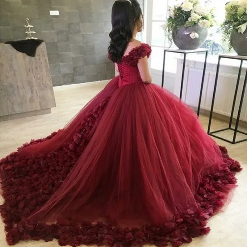

Newest V-Neck Off The Shoulder Lace Up Back Ball Gown Hand Made Flower Petal Organza Prom Dresses Long Party Gowns For Prom
