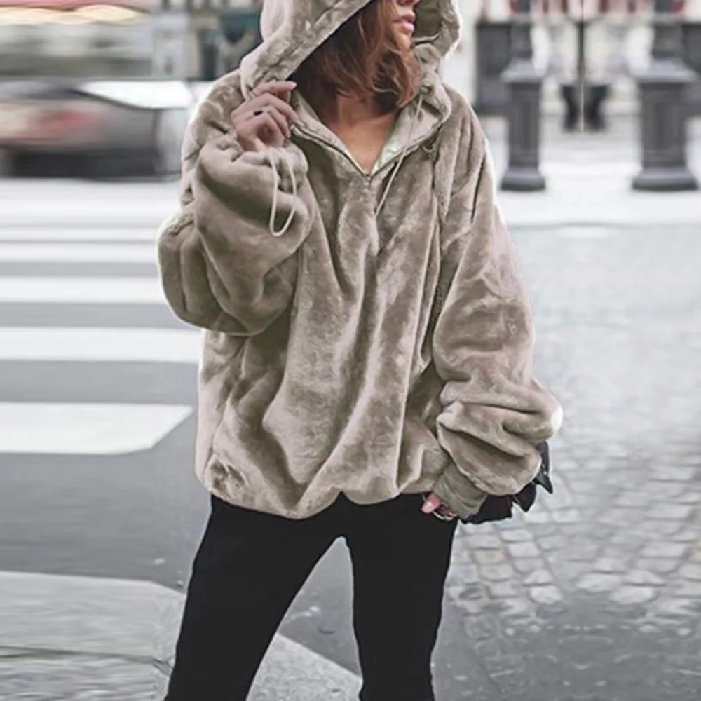 Hitmebox 2019 News Autumn Winter Fashion Women's Long Sleeve Casual Loose Fuzzy Warm Fleece Plus Size Hooded Outerwears Sweater | Женская