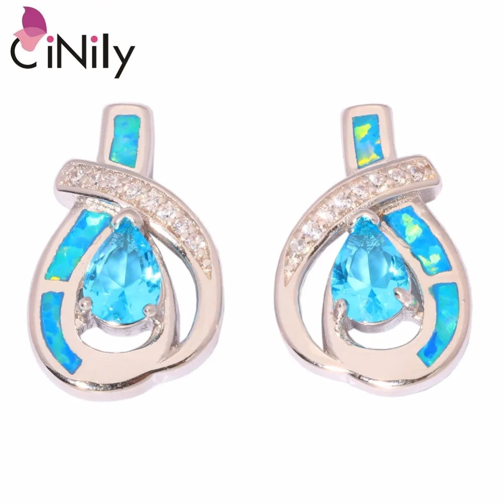 

CiNily Created Blue Fire Opal Blue Zircon Cubic Zirconia Silver Plated Earring Wholesale Women Jewelry Stud Earrings 21mm OH2205