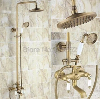 antique brass bathroom rain shower faucet set w ceramic handheld shower dual ceramic lever bathtub mixer tap lrs145