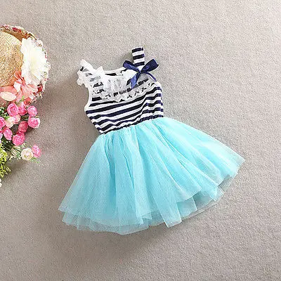 Hot Sale Baby Girls Dress Kids Summer Princess Sleeveless Floral Stripe Tulle Silk Ribbon Lace Bow | Детская одежда и обувь