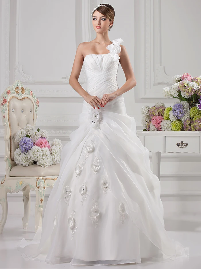 Elegant White Ball Gown Organza Vestido De Novia 2016 One Shoulder Floor Length Flower pleated ruffled Wedding Gowns WD8335 | Свадьбы и