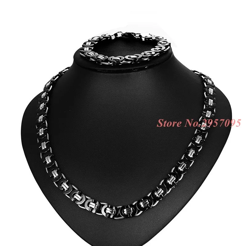 11mm Wide Cool Silver Black Color Box- Byzantine Chain Necklace &amp Bracelet Set Stainless Steel Jewelry Men's | Украшения и