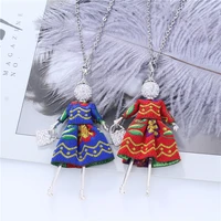 vintage dress doll necklaces for women blue red embroidery clothing silver crystal figure pendants necklaces long chain collares