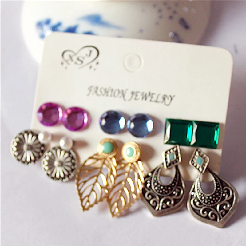 New fashion women jewelry wholesale girl boho earrings beautiful pink/ green mix type 9 pairs / set gifts free shipping | Украшения и