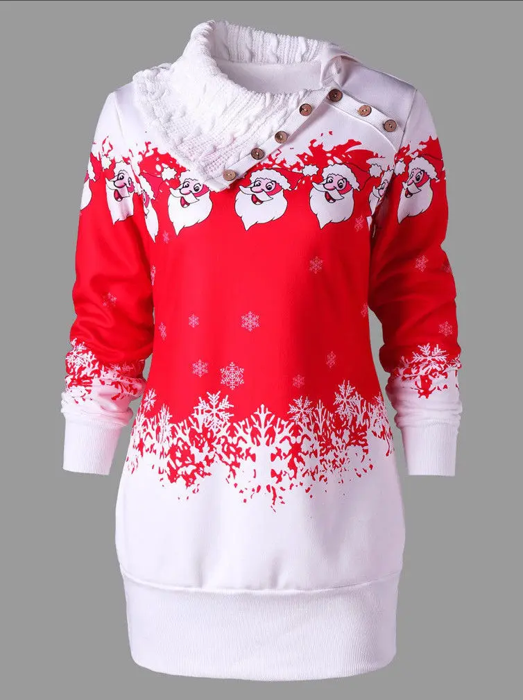CANIS New Hot Fashion Ladies Women Christmas Autumn Winter Long Sleeve Xmas Pattern High Collar Mini Skirts Warm Clothes - Цвет: Красный