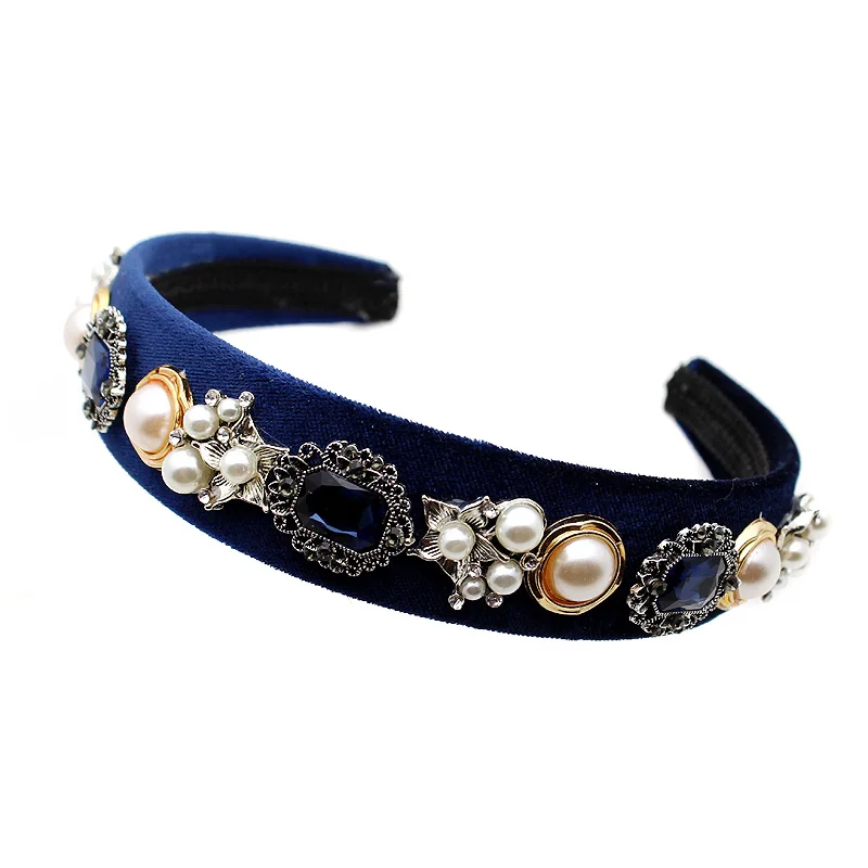 G Velvet Navy Blue Европейские винтажные аксессуары для волос Роскошный Черный Фиолетовый кристалл барокко лента для волос Элегантные Стразы Бриллиантовая розовая Женская повязка на голову - Окраска металла: G Velvet Navy Blue