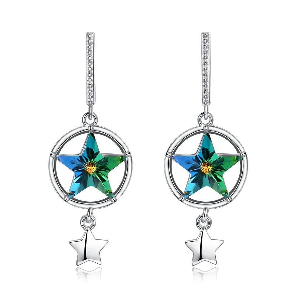 

Elegant Crystals Women Drop Earrings 925 Sterling Silver Hoop Star Pendant Earings Dangle Studded Lady Jewelry