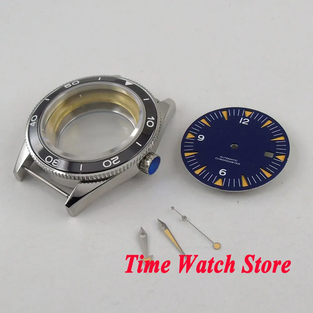 Fit ETA 2836 MIYOTA 8215 821A movement 41mm black ceramic bezel sapphire glass 316L SS watch case +blue dial+hands C11|Циферблаты