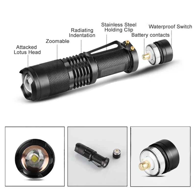 Мощный 3 режима SK68 CREE Q5 светодиодный фонарик Zoom Тактический уличный фонарь lanterna