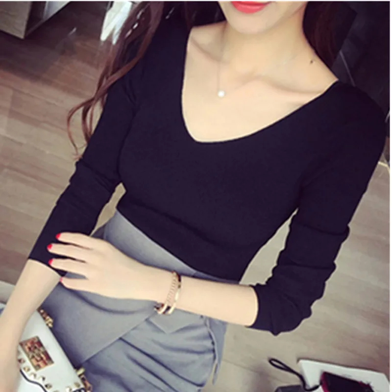 UHYTGF Autumn Woman Sweater Korean Fashion Long sleeve V-Neck Sexy Ladies Knit Pullover Female Sueter Mujer 563 | Женская одежда