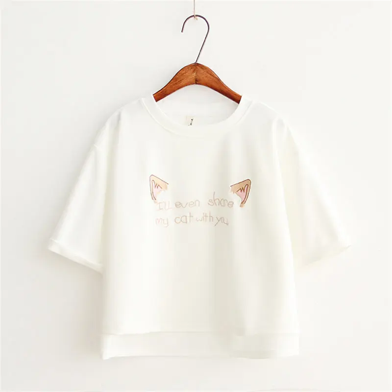 White Tee Летние женские футболки Харадзюку с принтом кота из мультфильма, хлопковая Повседневная футболка с вышитыми буквами и коротким рукавом,, DX619 - Цвет: White Tee