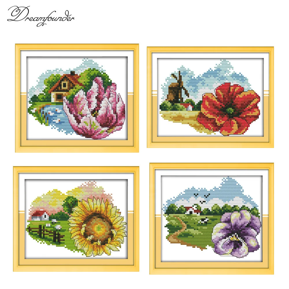 

Flowers house cross stitch kit pre printed aida 14ct 11ct canvas cotton thread embroidery DIY handmade needlework multi pictures
