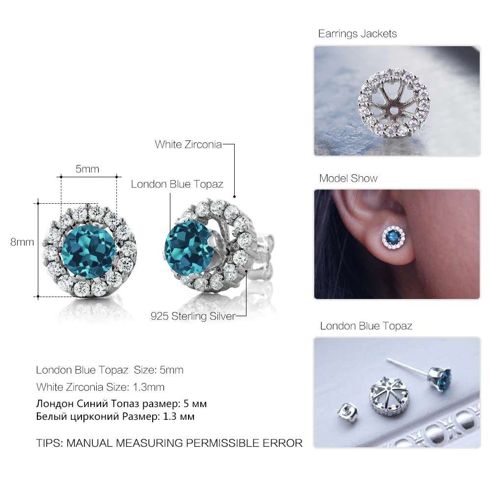 GemStoneKing 1 49 Ct Круглый натуральный Лондонский голубой топаз женские серьги Твердые