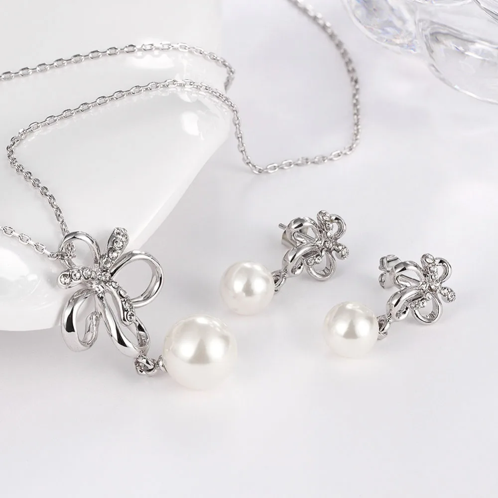 Female Fashion Jewelry Sets Pearl AAA Cubic Zircon Statement Necklace &amp Earrings Silver Color Wedding for Women Gift | Украшения и