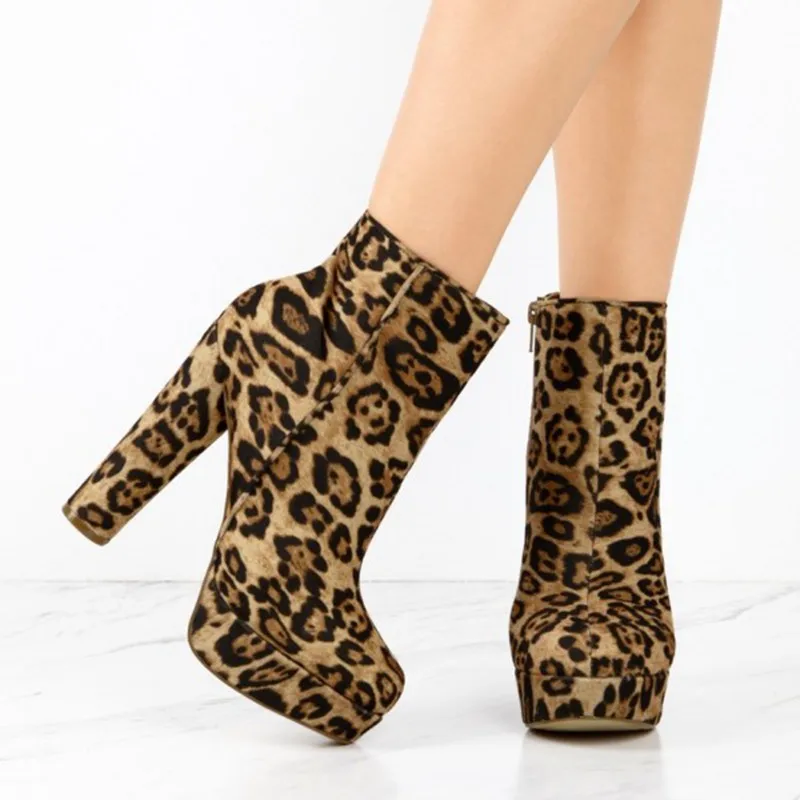 

EMMA KING Leopard Print Ankle Boots For Women Sexy Chunky High Heels Ladies Winter Shoes Short Booties Side Zip Plus Size 35-43