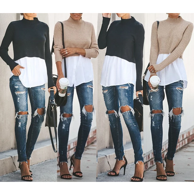 

Women Color Block Long Sleeve Knitwears Autumn Loose Casual Pullover Tops AM0760