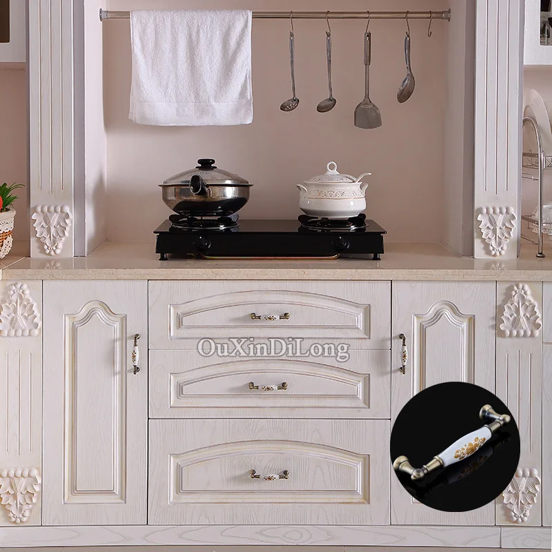 Европейский 2 шт Бронзовый керамический Печатный кухонный шкаф дверные ручки