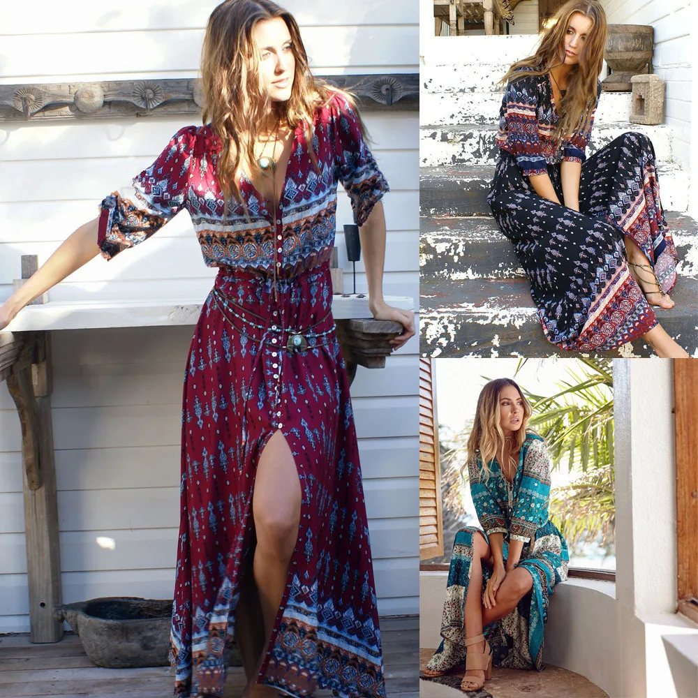 Женское пляжное длинное платье туника с цветочным принтом Летнее Длинное Платье