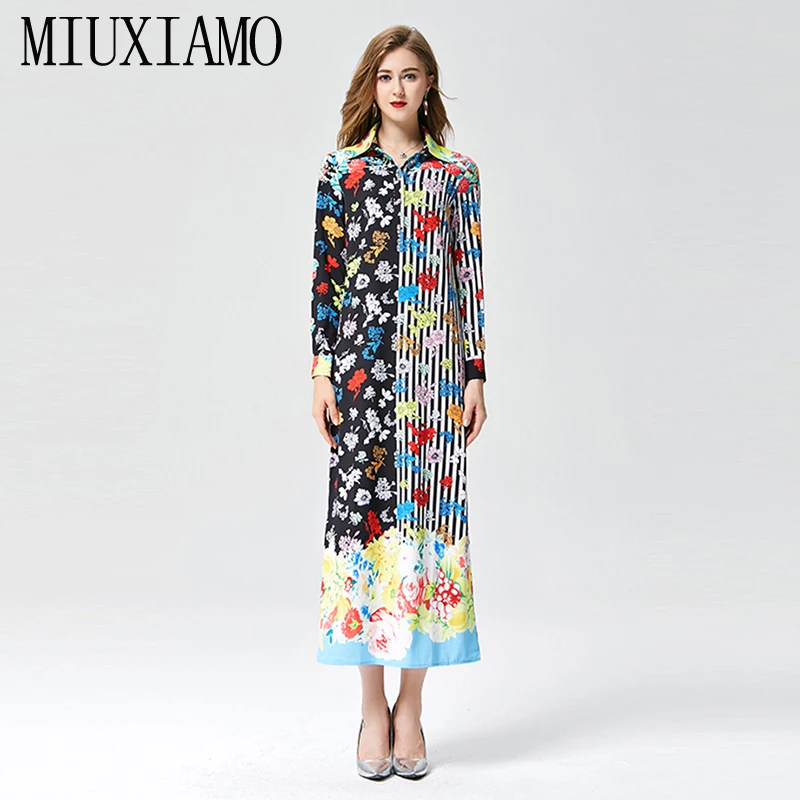 MIUXIMAO 2023 New Fashion Runway  Spring Fall Dress Women's Retro Stripes Flower Print Loose Vintage Long Dress Women Vestidos