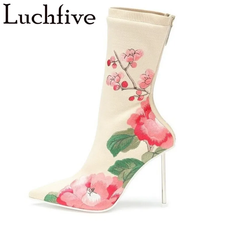 Luchfive/эластичные тканевые носки с вышивкой женские короткие сапоги до середины