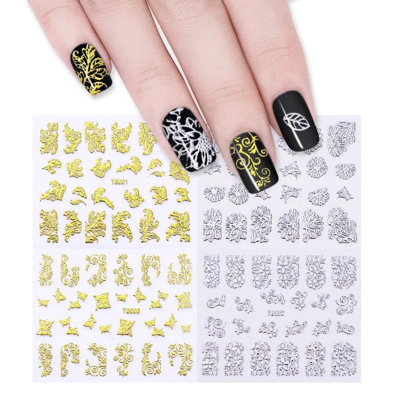 12 листов металлические полые 3D наклейки для ногтей набор золотой серебряный