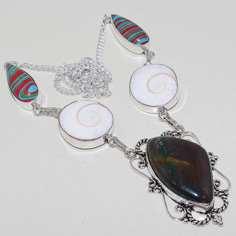 

Bloodstone & Shivai & Rainbow Calsilica Necklace Silver Overlay over Copper , 49.3 cm, N0773