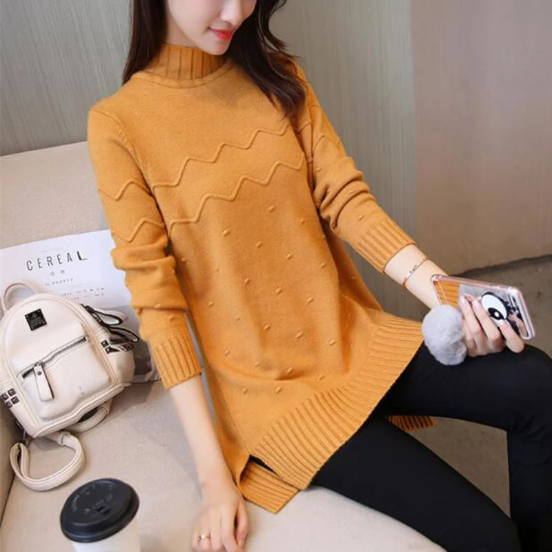 2018 Women's Spring Half Turtleneck Sweater Long Loose Bottom Knit Yellow Gray Apricot Pink Elegant Warm Outside | Женская одежда