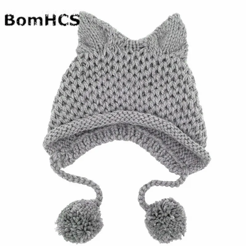 BomHCS забавные с украшением в виде кошачьих ушек вязаная Для женщин и девочек шапка, сезон осень-зима теплая дутая куртка ручной работы вязаная шапка