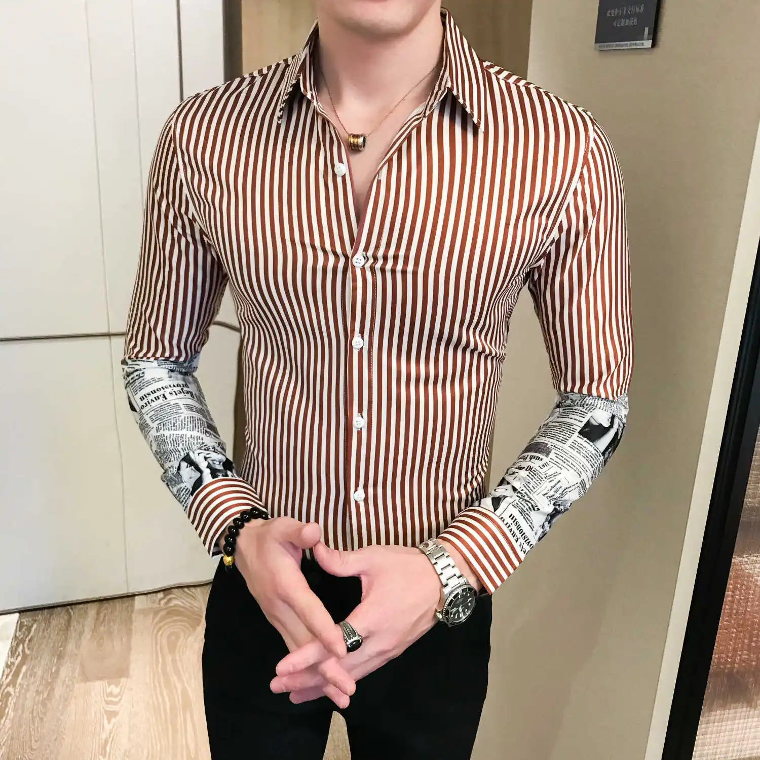 Новые осенние Рубашка в полоску мужские рубашки стиле кэжуал Slim Fit Мода 2019 с