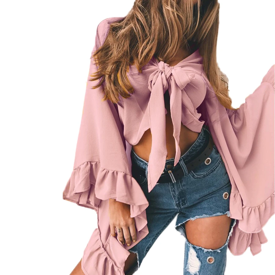 Bell Sleeve спереди галстук-бабочка талии Женщины блузка 2018 летняя с запахом рубашка