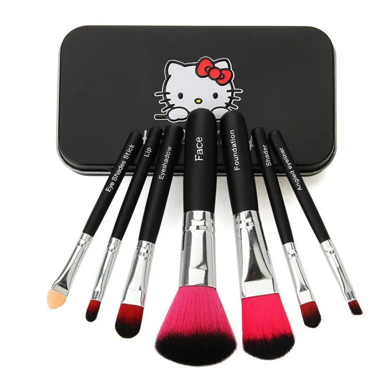 1 комплект рисунок «Hello Kitty» розового и черного цвета 7 шт./компл. мини кисти для макияжа, набор косметики, набор de pinceis де maquiagem набор кистей для макияжа с металлической коробкой